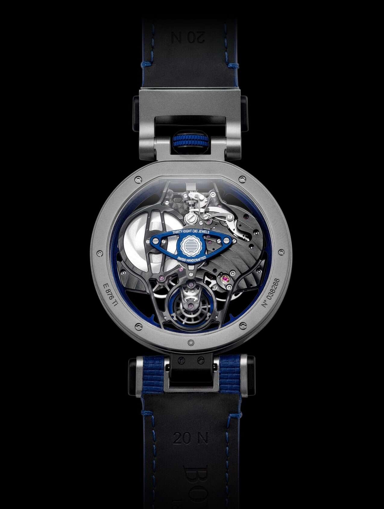 Image of the back of the Aperto 1 which shows the exposed skeleton mechanics of the watch. 