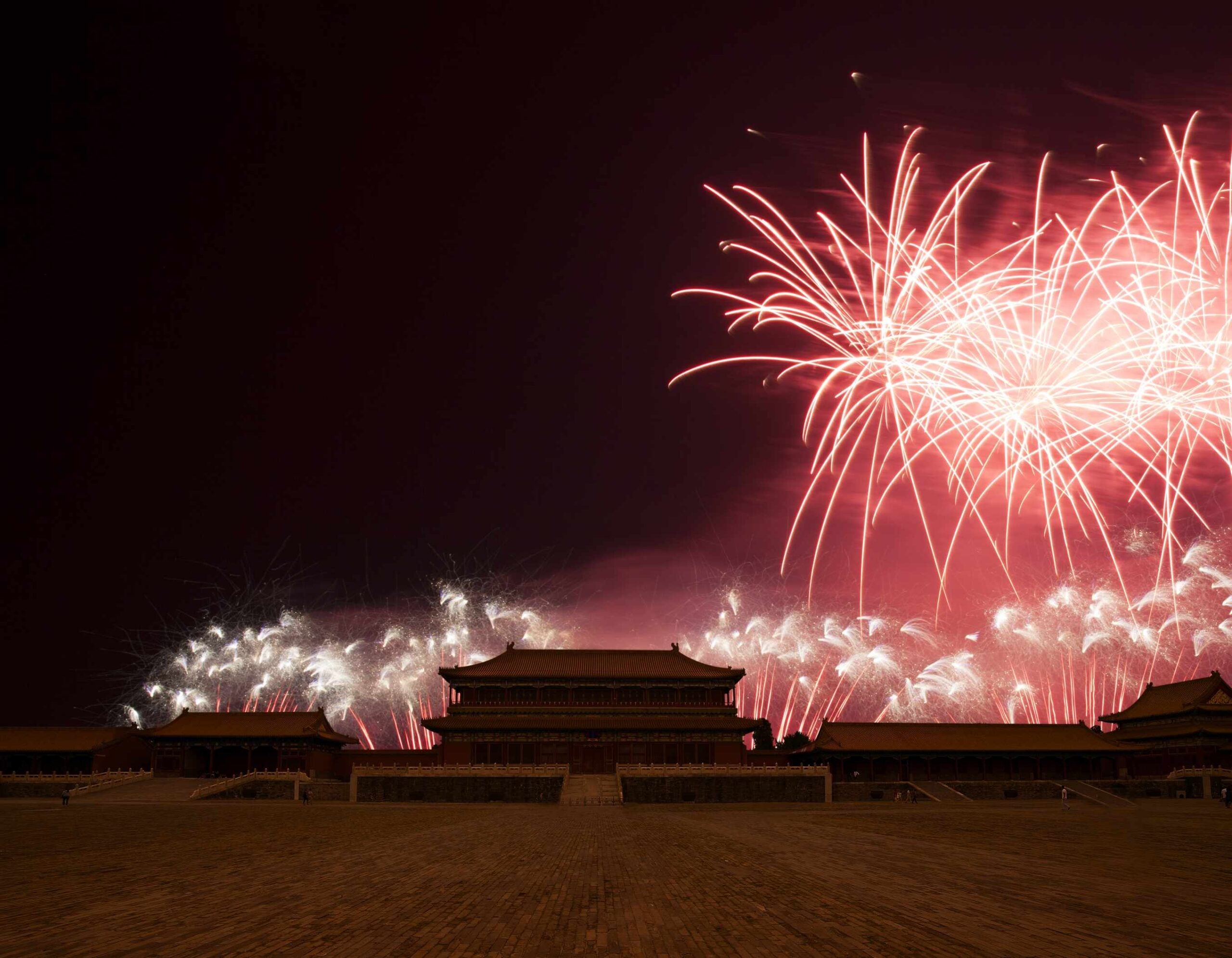 Fireworks in Beijing with temples