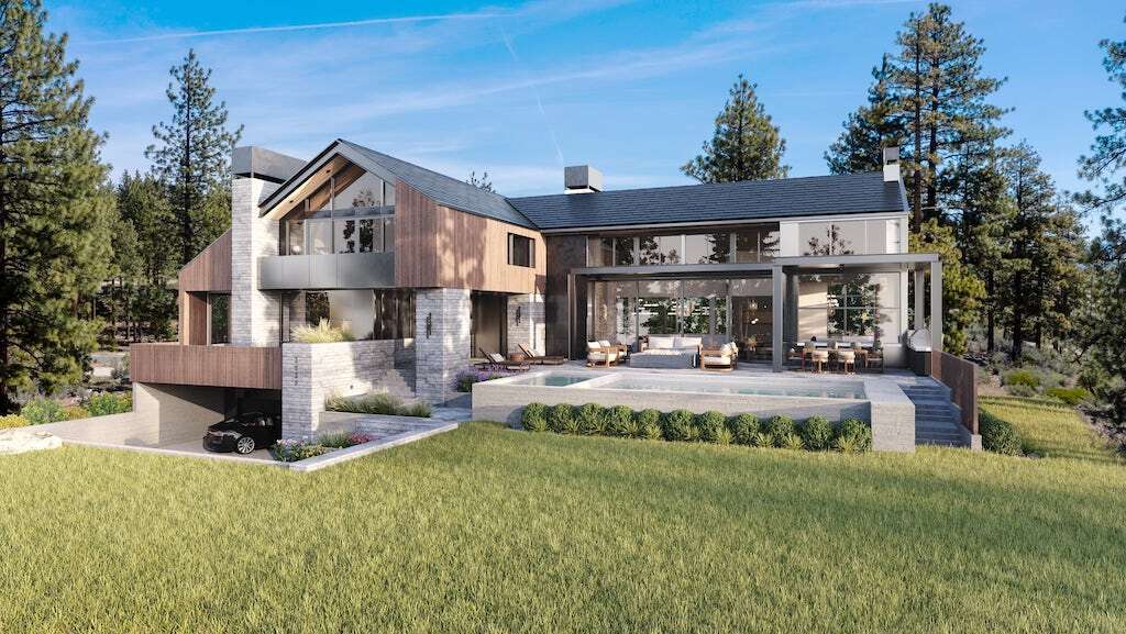 Exterior of the property, featuring pool and subterranean garage.