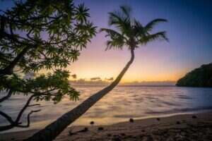 Paradise shoreline at sunset