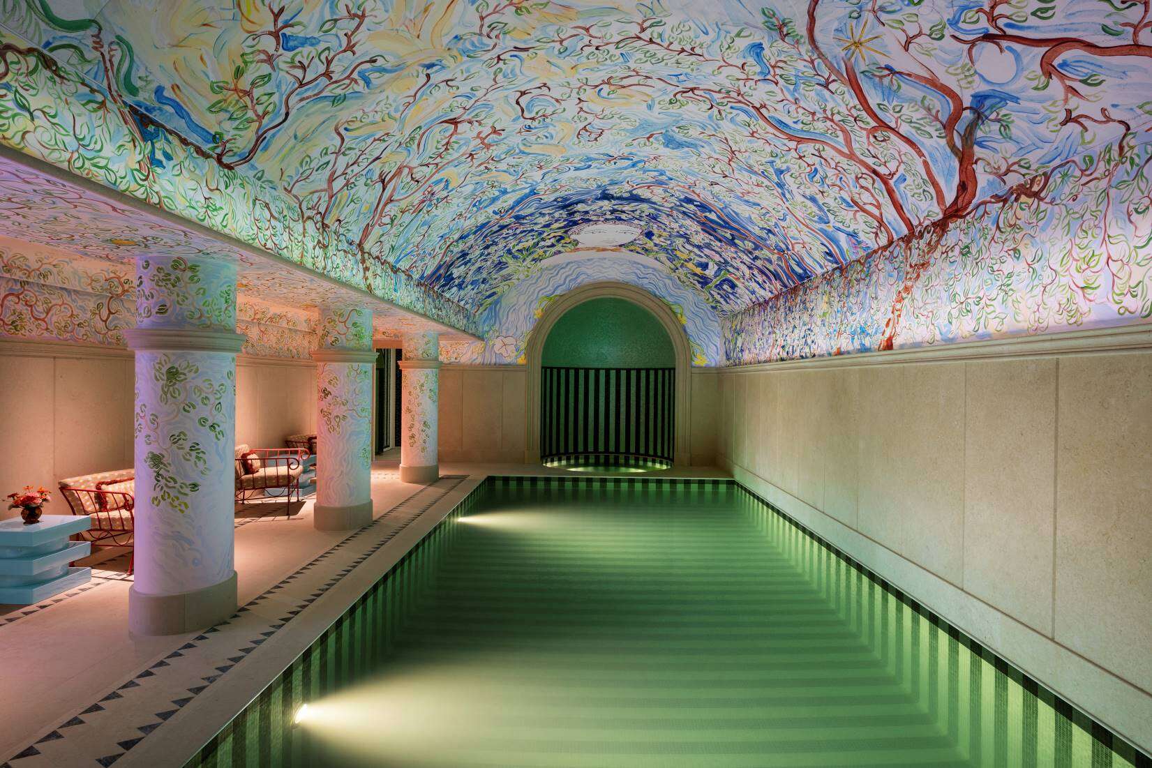 Image showing Le Grand Mazarin's striped underground pool, rare for hotels in Paris, specifically in the Marais