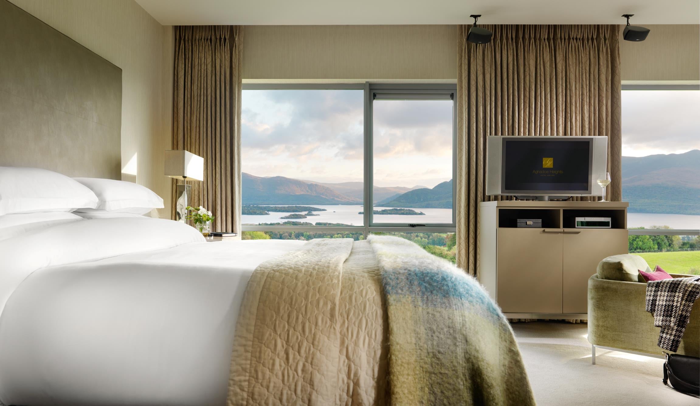 Bedroom in the luxury Aghadoe Heights Hotel and Spa in Ireland.