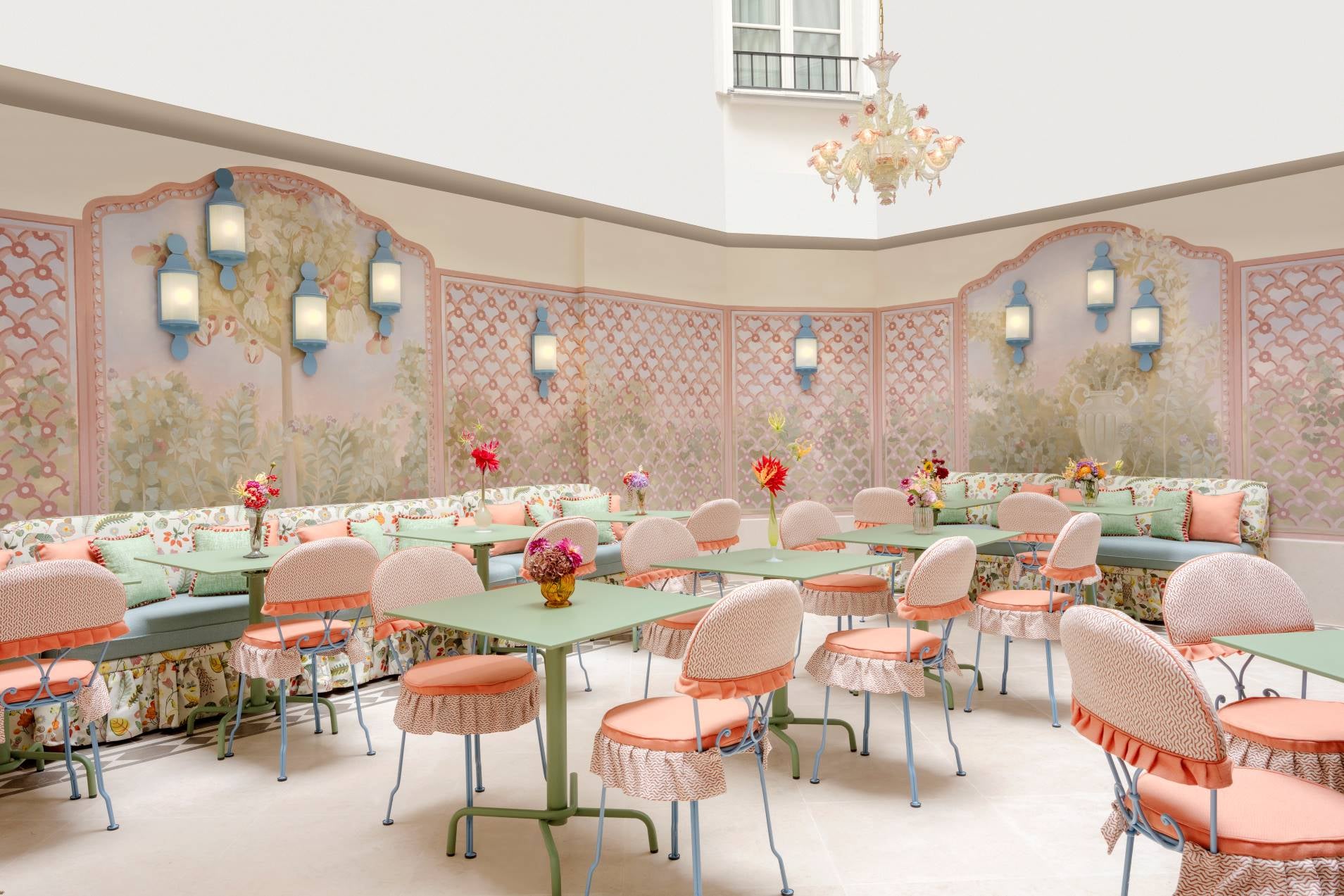 Image showing Le Grand Mazarin's dining room with pastel pink and green colorway