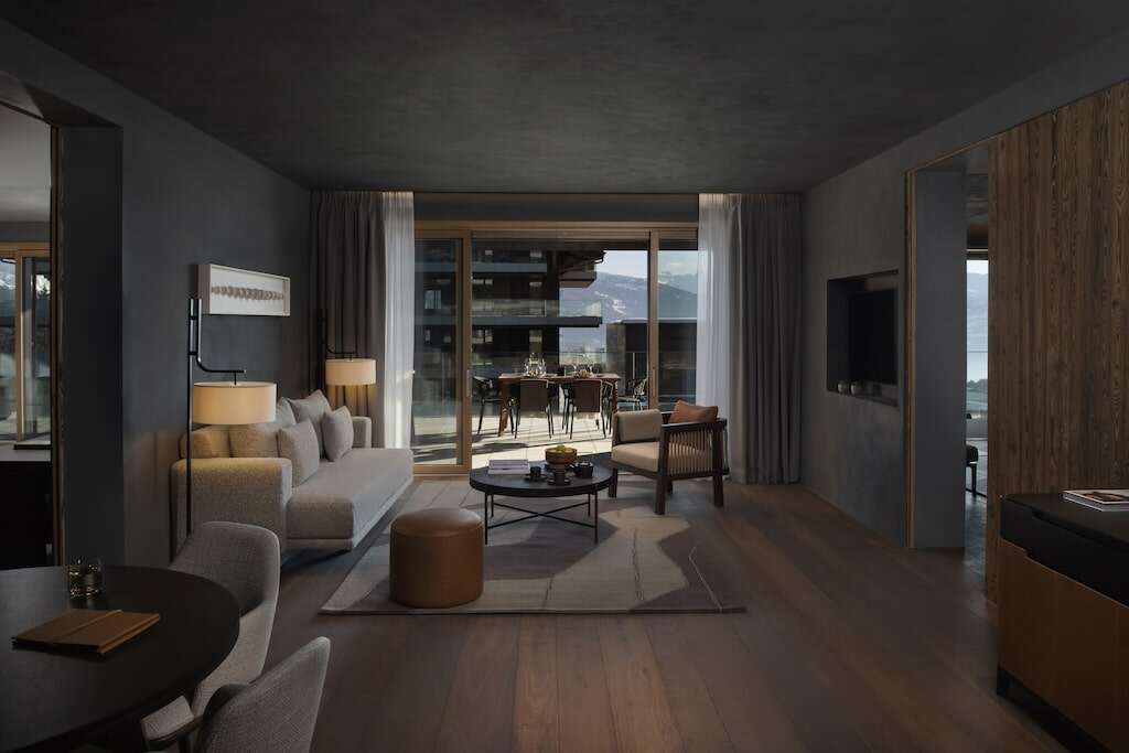 Three-bedroom Terrace Suite living room Six Senses Crans-Montana