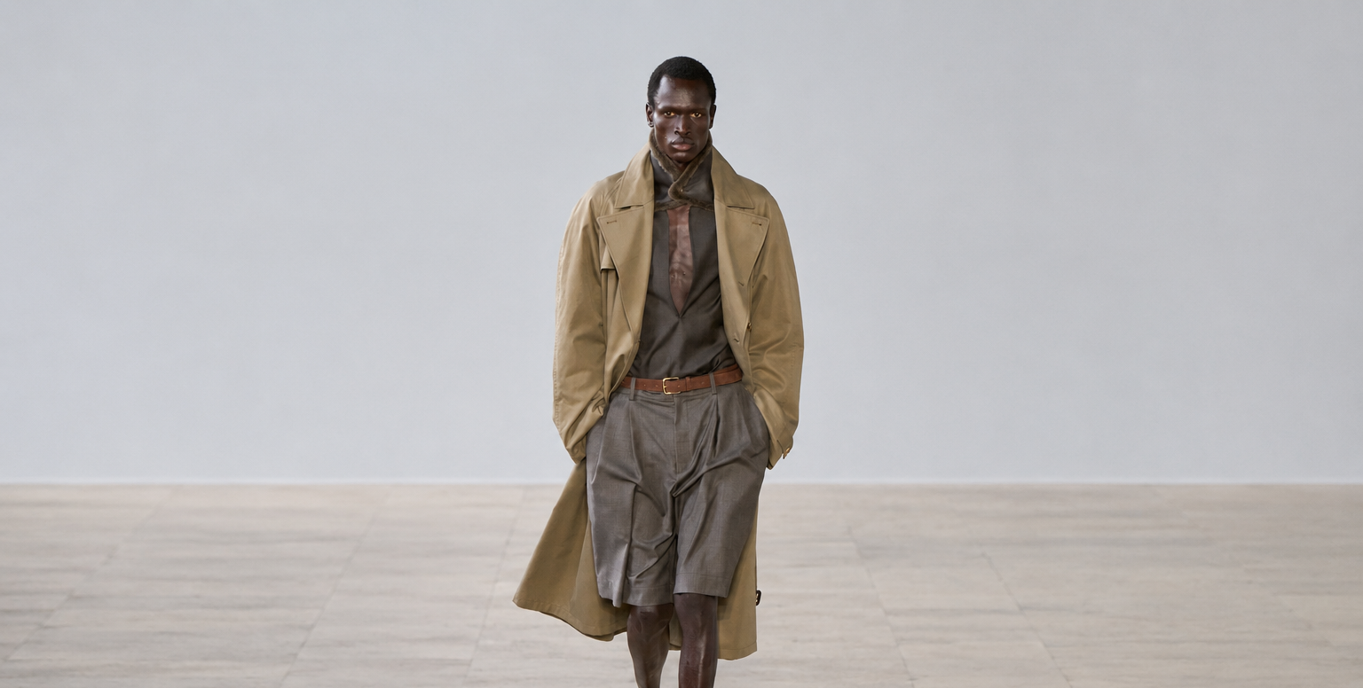 Model in shorts and trenchcoat at Sssteinm SS27 runway show ; can men wear shorts to office debate